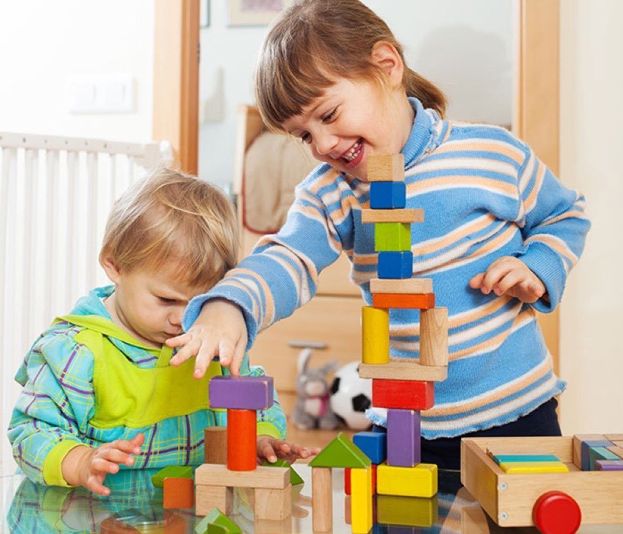 Two siblings playing together with wooden building blocks